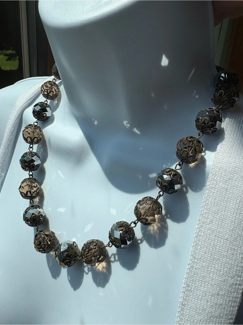 Vintage Vendome Large Filigree Faceted Mirror Crystal Bead Necklace - Brown/Gold